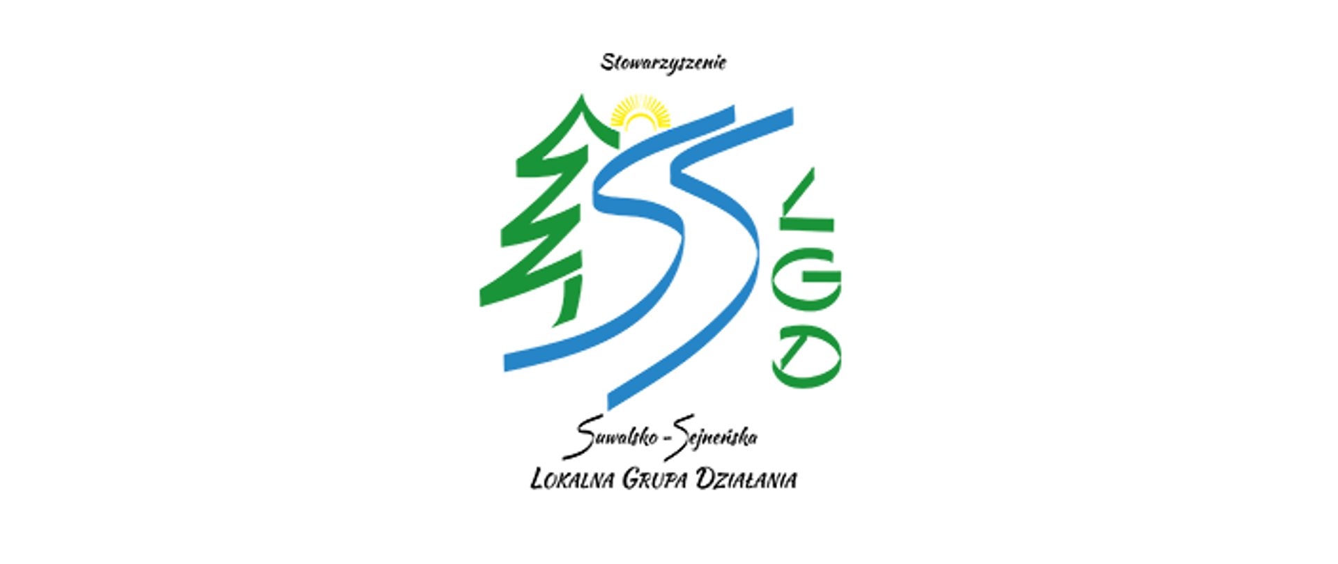 Logo na białym tle od góry napis Stowarzyszenie poniżej piktogramy las, rzeka LGD słońce na dole napis "Suwalsko-Sejneńska" Lokalna Grupa działania 