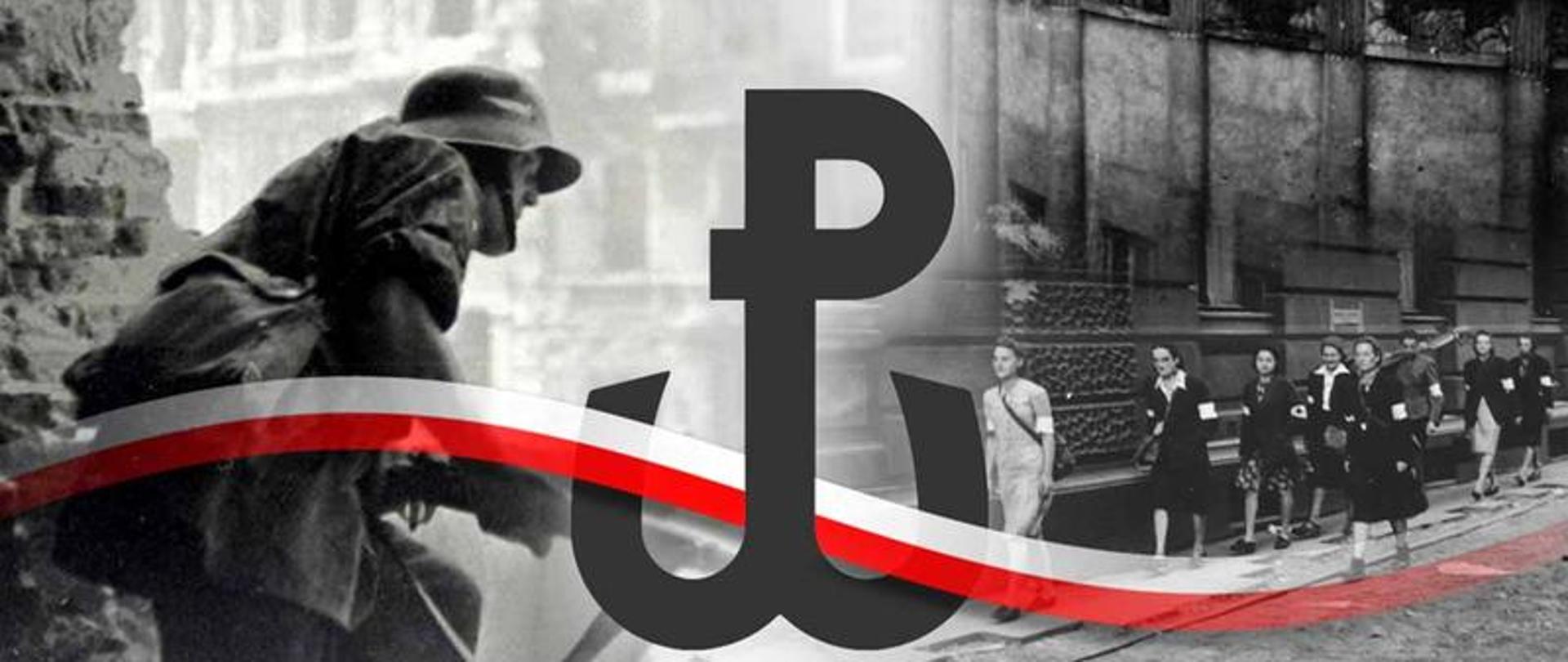 zdjęcie przedstawia żołnierza oraz ludzi idących w kolumnie na tle zniszczonego miasta. Na pierwszym planie symbol powstania warszawskiego litera P na górze i litera w na dole a miedzy nimi flaga polski na całej długości zdjęcia 