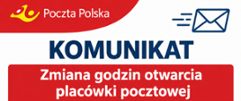 Grafika informująca o zmianie godzin otwarcia placówki pocztowej od 14 września 2026 roku.