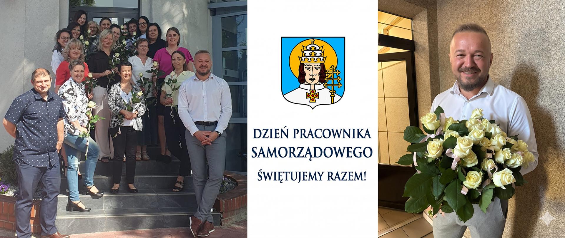 Ludzie na schodach przed budynkiem obok mężczyzna z kwiatami