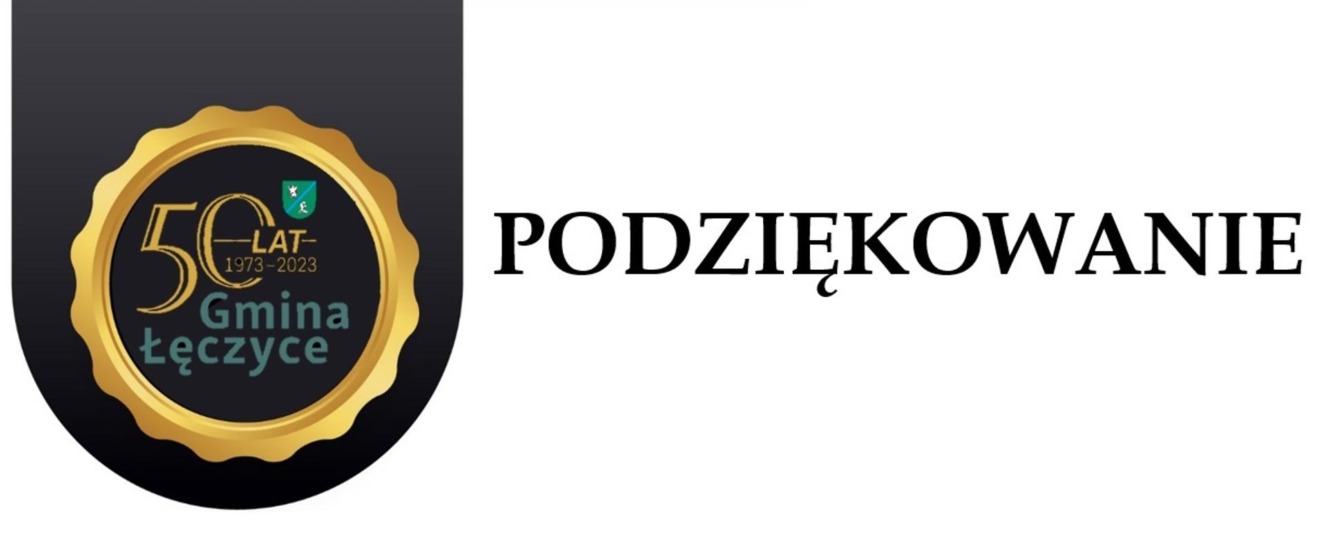 Logo 50 lat 1973-2023 Gmina Łęczyce w falowanym okręgu, obok napis podziękowanie