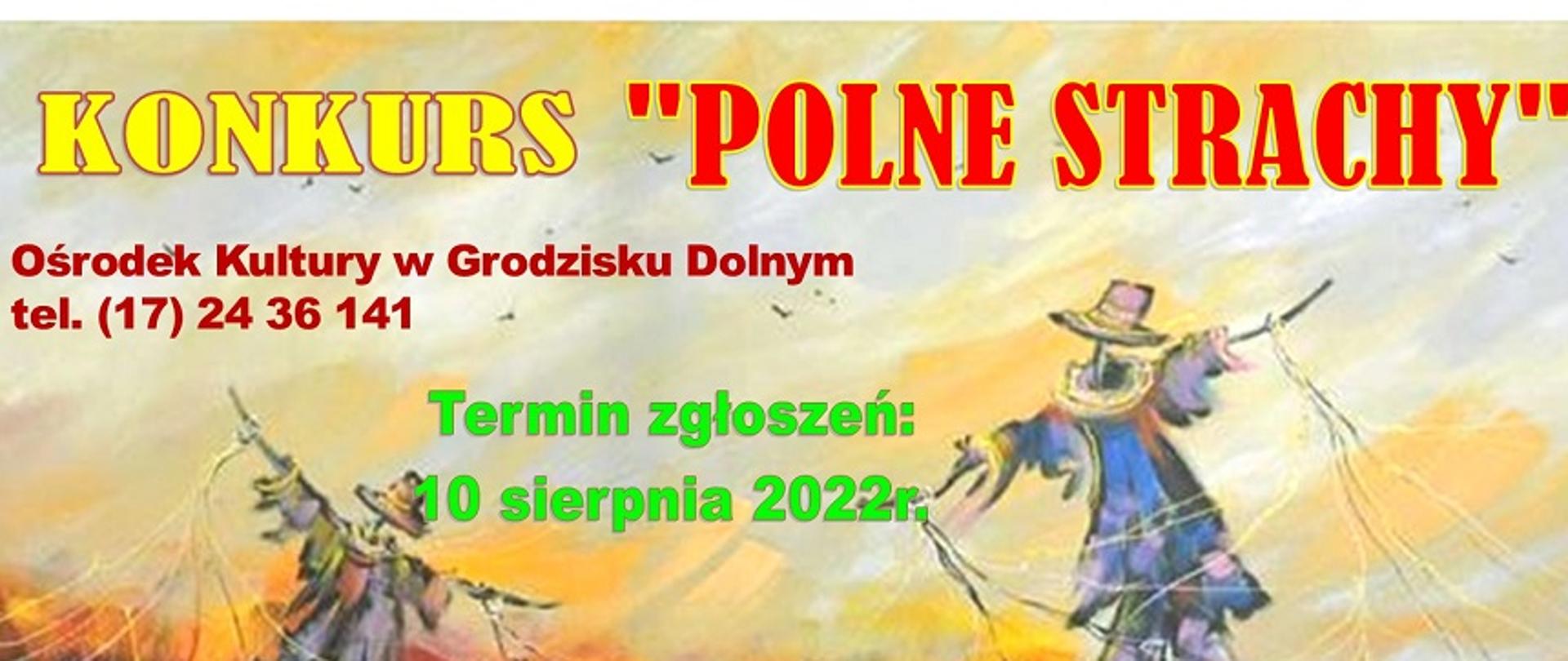 zdjęcie jest zaproszeniem do konkursu na polne strachy, przedstawia dwa strachy na wróble w kolorowych podartych ubraniach na żółtym tle 