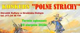 zdjęcie jest zaproszeniem do konkursu na polne strachy, przedstawia dwa strachy na wróble w kolorowych podartych ubraniach na żółtym tle 