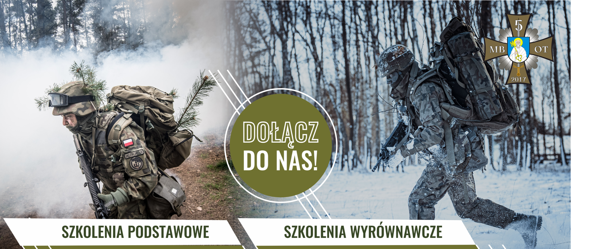 Grafika zachęca do dołączenia do 5 Mazowieckiej Brygady Obrony Terytorialnej, prezentuje kalendarz szkoleń.