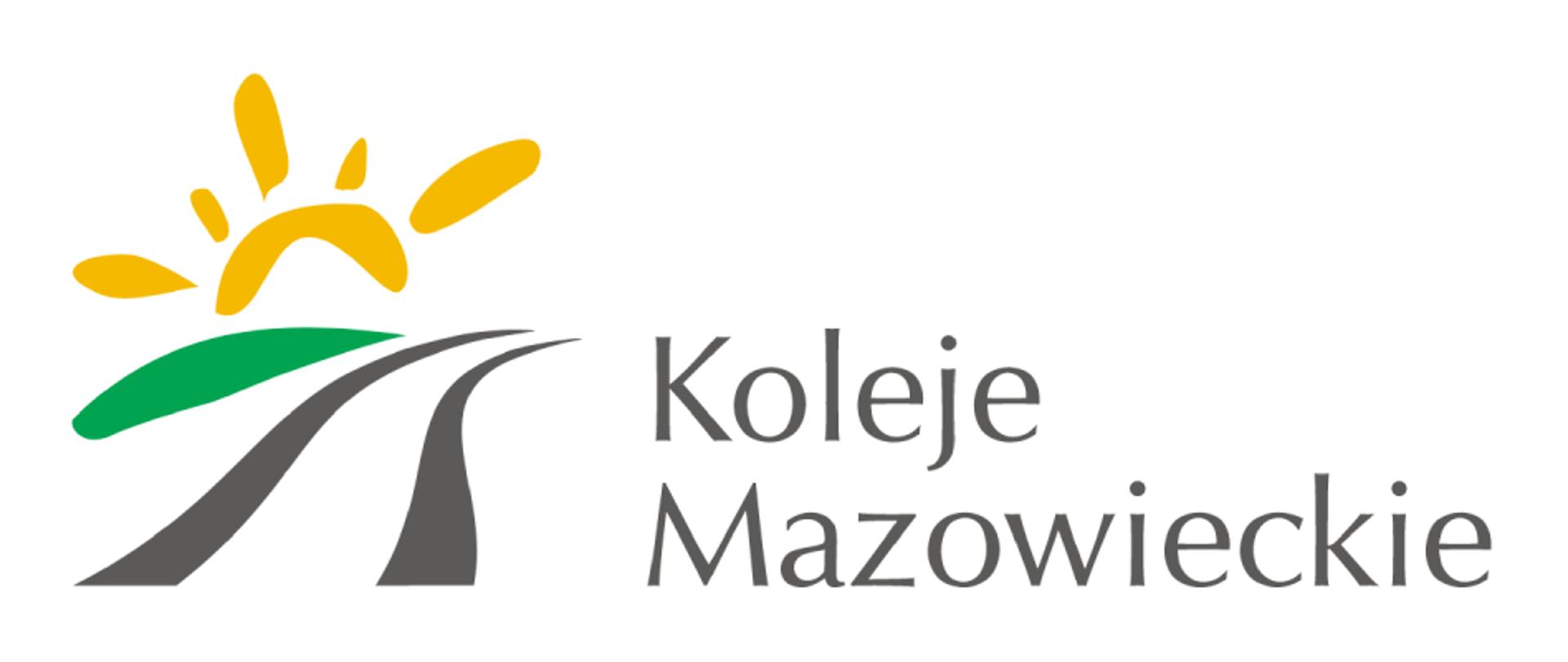 Na grafice logotyp przedstawiający dwie falowane linie w układzie pionowym symbolizujące szyny kolejowe. Po lewej stronie pagórek, zza którego wychodzi jasne słońce. Po prawej stronie napis w dwóch wierszach - Koleje Mazowieckie.