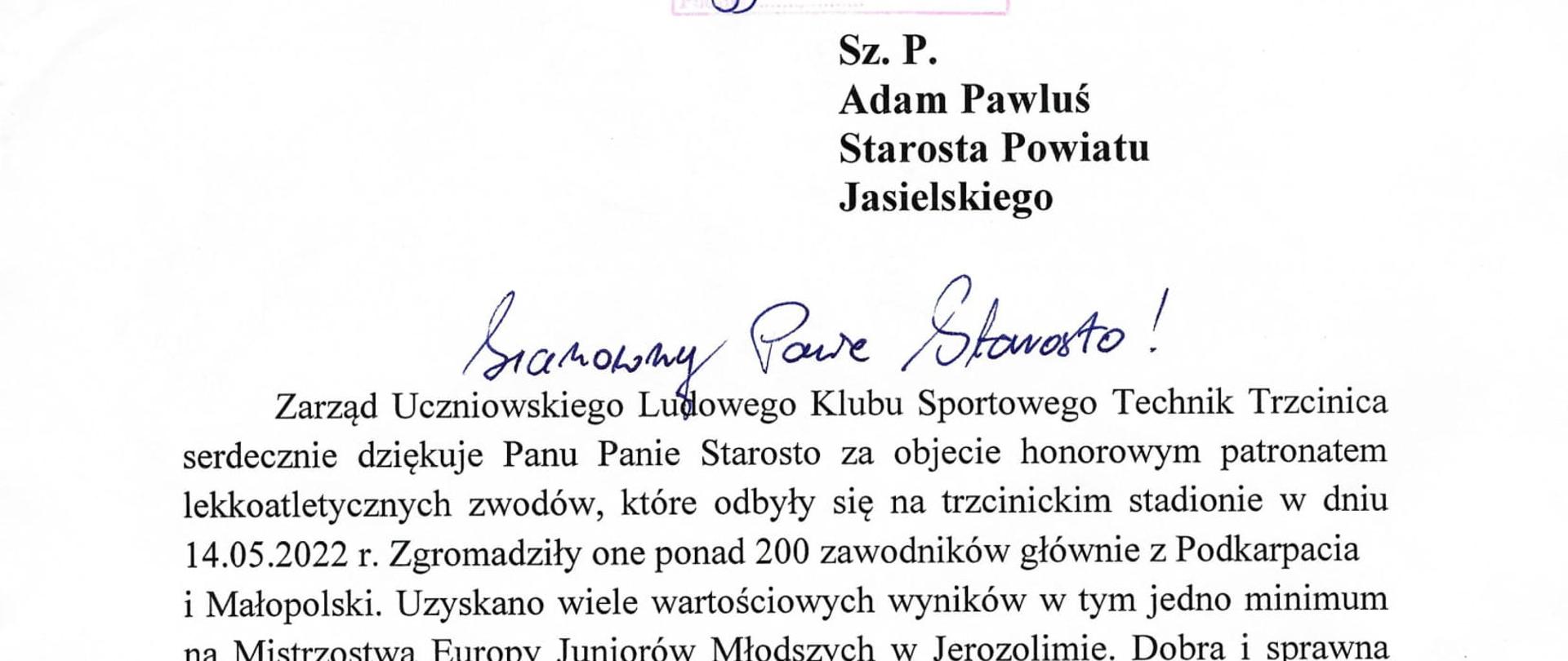 Podziękowanie od ULKS "Technik" Trzcinica 