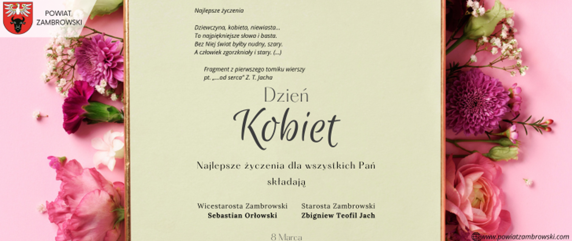 kolorowa grafika z elementami kwiatów tekstem życzeń oraz herbem powiatu