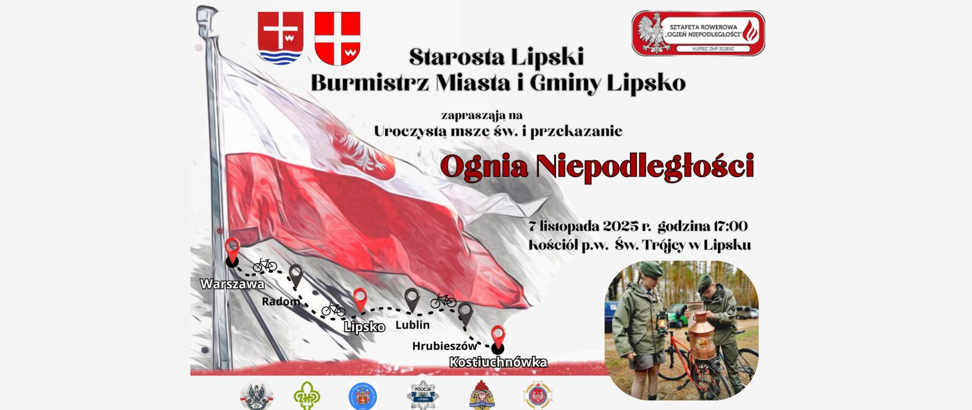 Zaproszenie na uroczystość przekazania Ognia Niepodległości. Jasno siwe tło z plakatem na środku. 