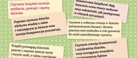 Rady dla rodziców dotyczące czytania książek typu - Czytanie książek rozwija myślenie, pamięć i mowę dziecka, zamieszczone są na zielonym tle w kropeczki