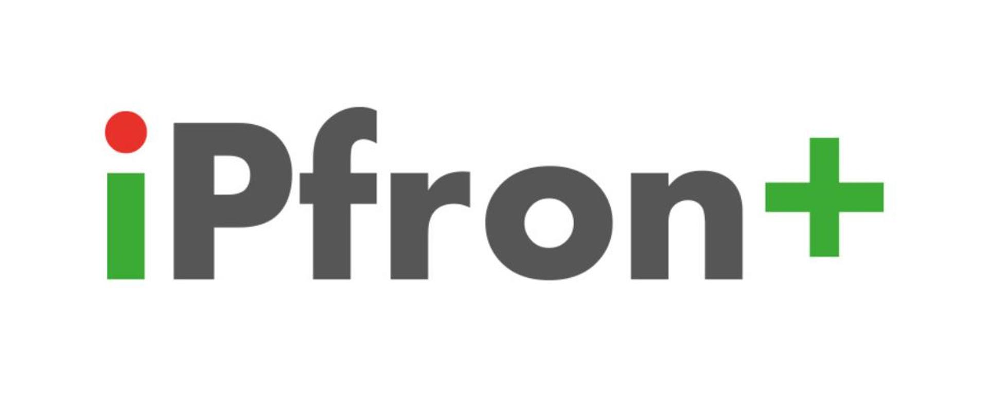 Logo infolinii iPFRON+, zielono czerwona litera i, szary napis pfron i zielony znak plus