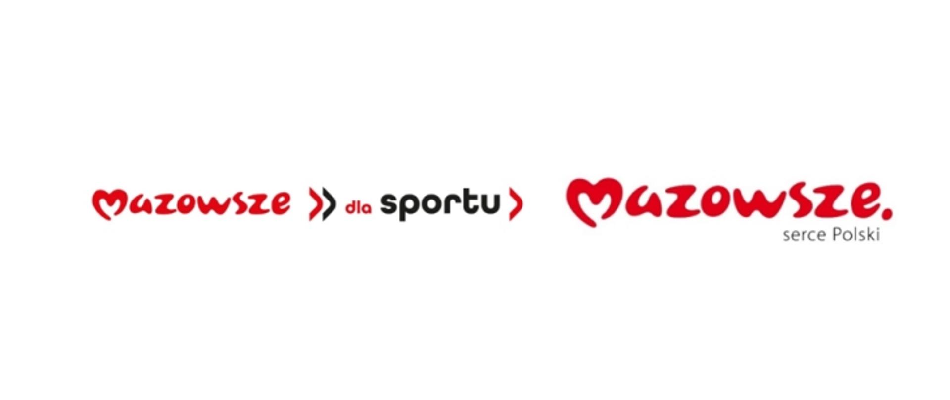 Logotyp czerwony napis "Mazowsze" czarny kolor "dla sportu" jeszcze raz logotyp czerwony napis "Mazowsze" i szary napis po prawej stronie "serce Polski"