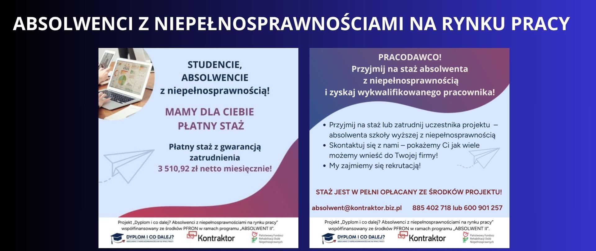 BIAŁY NAPIS NA GRANATOWO CZARNYM TLE "ABSOLWENCI Z NIEPEŁNOSPRAWNOŚCIAMI NA RYNKU PRACY" DWA PLAKATY O MOŻLIWEOŚCIACH PROGRAU DLA OSOB Z NIEPEŁNOSPRAWNOŚCIAMI , KOLORYSTYKA PLAKATÓW BŁĘKITNO FIOLETOWO BIAŁA