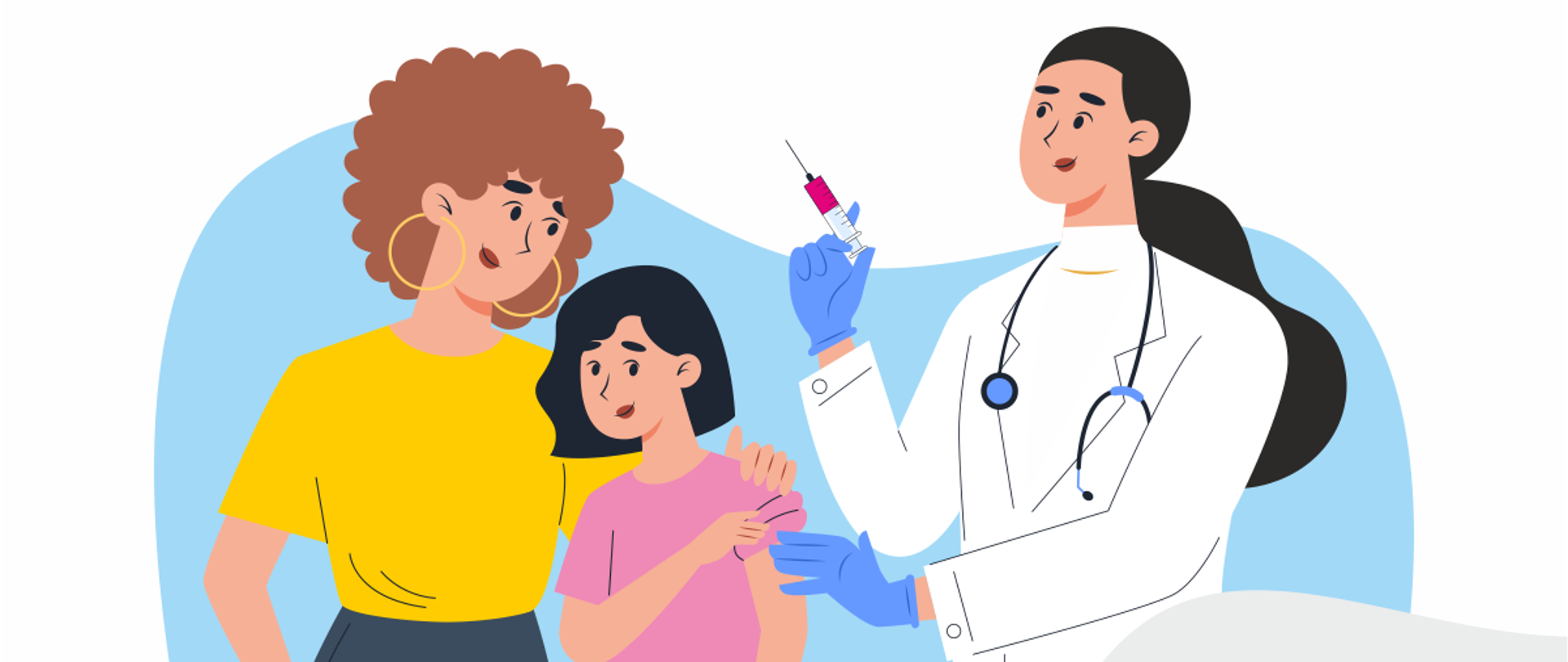 Program bezpłatnych szczepień przeciw HPV dla dzieci w wieku 12 i 13 lat! W programie dostępne są: szczepionka 2-walentna (przeciw dwóm genom), szczepionka 9- walentna (przeciw siedmiu genom). U dołu grafika przestawiająca matkę z dzieckiem, które jest szczepione przez lekarkę