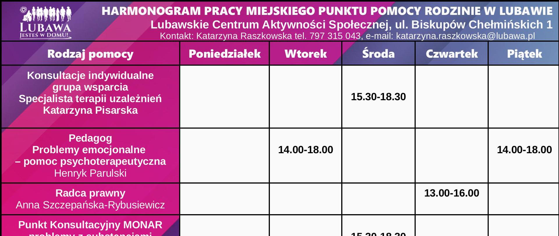Harmonogram pracy Miejskiego Punktu Pomocy Rodzinie