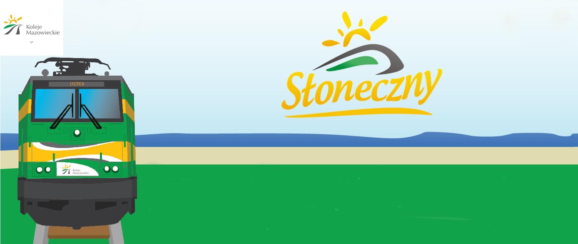 Baner promocyjny - ilustracja ,na której widoczna jest z lewej strony lokomotywa pokazana z przodu. Tło złożone z błękitnego nieba, niebieskiej linii symbolizującej morze, kolejnej symbolizującej plażę oraz zielonej symbolizującej przyrodę. W prawym górnym rogu logo Kolei Mazowieckich, a na środku logo pociągu słoneczny (żółte słoneczko wychodzące zza gór)