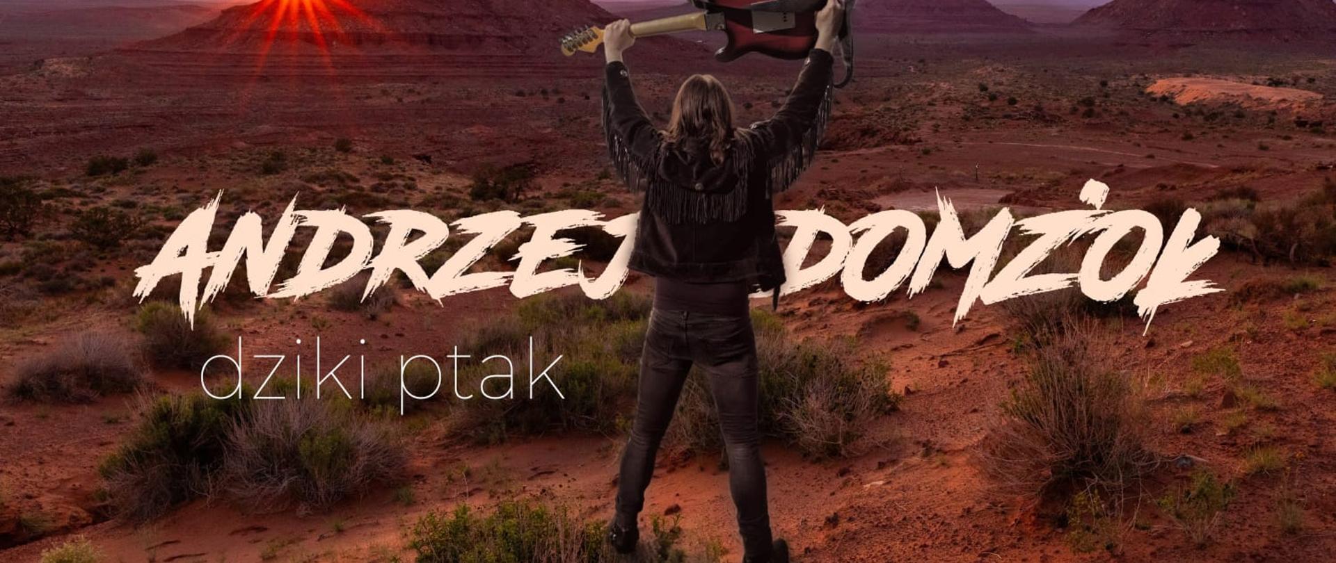 Człowiek trzymający w górze gitarę. W tle zachód słońca.