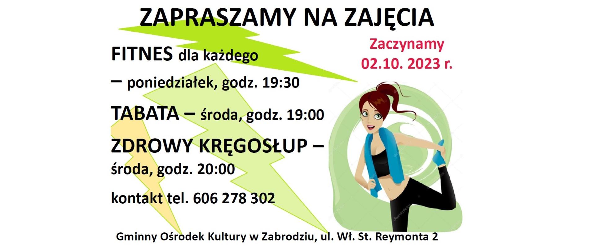 Narysowana kobieta w stroju fitness. FITNESS DLA KAŻDEGO - poniedziałek, godz. 19:30, TABATA - środa, godz. 19:00, ZDROWY KRĘGOSŁUP - środa, godz. 20:00. 
