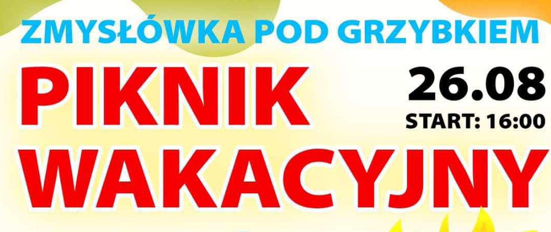 zielono żółty plakat na dole elektryczna hulajnoga u góry uśmiechnięte słońce w okularach przeciwsłonecznych, zaproszenie na piknik wakacyjny 