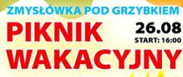 niebieskie litery Zmysłówka pod grzybkiem czerwone litery piknik wakacyjny zółte tło 