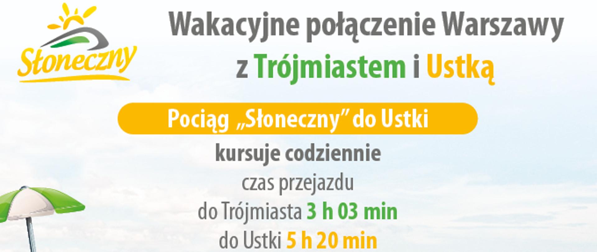 Grafika przedstawia informację o wakacyjnym połączeniu kolejowym Warszawy z Trójmiastem i Ustką.