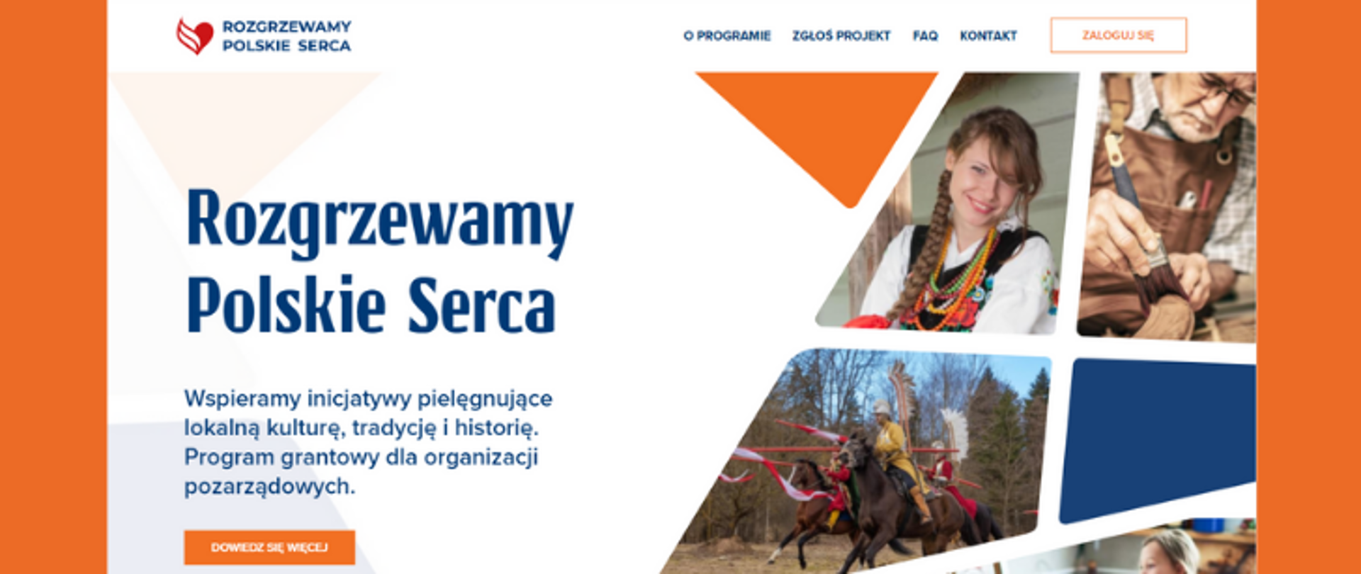 na pomarańczowym tle znajduje się screen z głównej storny www.rozgrzewamypolskieserca.pl na którym znajduje się grafikaze zdjęciami, a po lewej stronie jest tekst