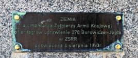 Tabliczka pomnikowa a na niej napis: Ziemia z cmentarza Żołnierzy Armii Krajowej ofiar łagrów uprawlenie 270 Borowicze-Jogła w ZSRR poświęcona 4 sierpnia 1993 roku.