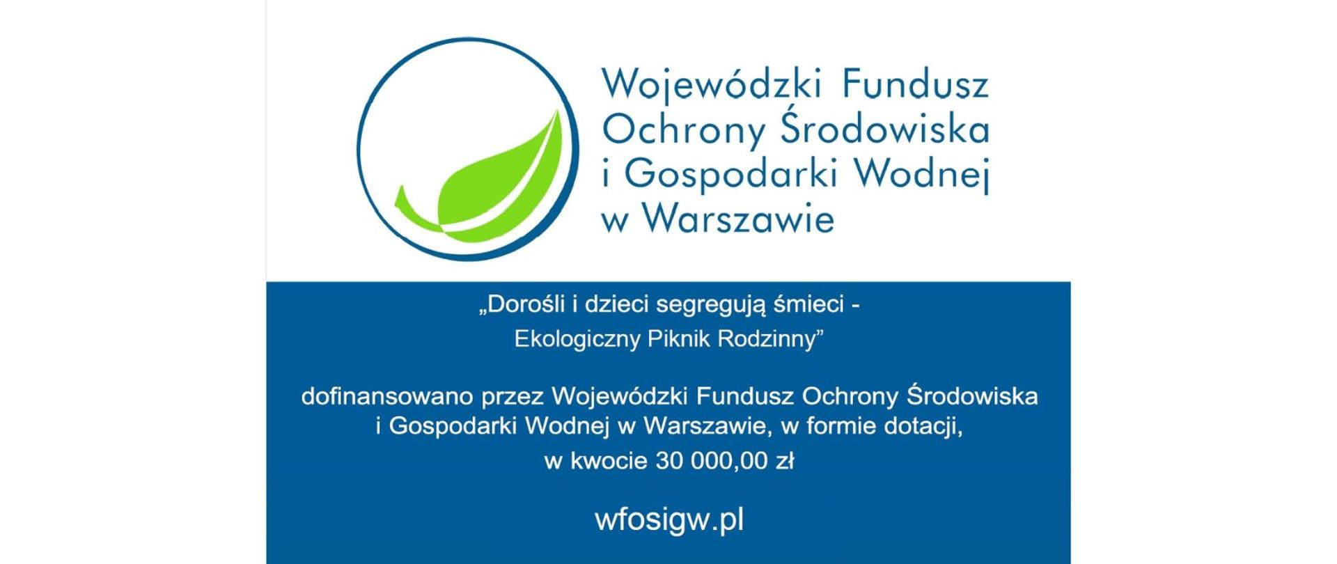 Informacja o źródle dofinansowania z nazwą pikniku i logo Wojewódzkiego funduszu Ochrony Środowiska i Gospodarki Wodnej w Warszawie na biało niebieskim tle.