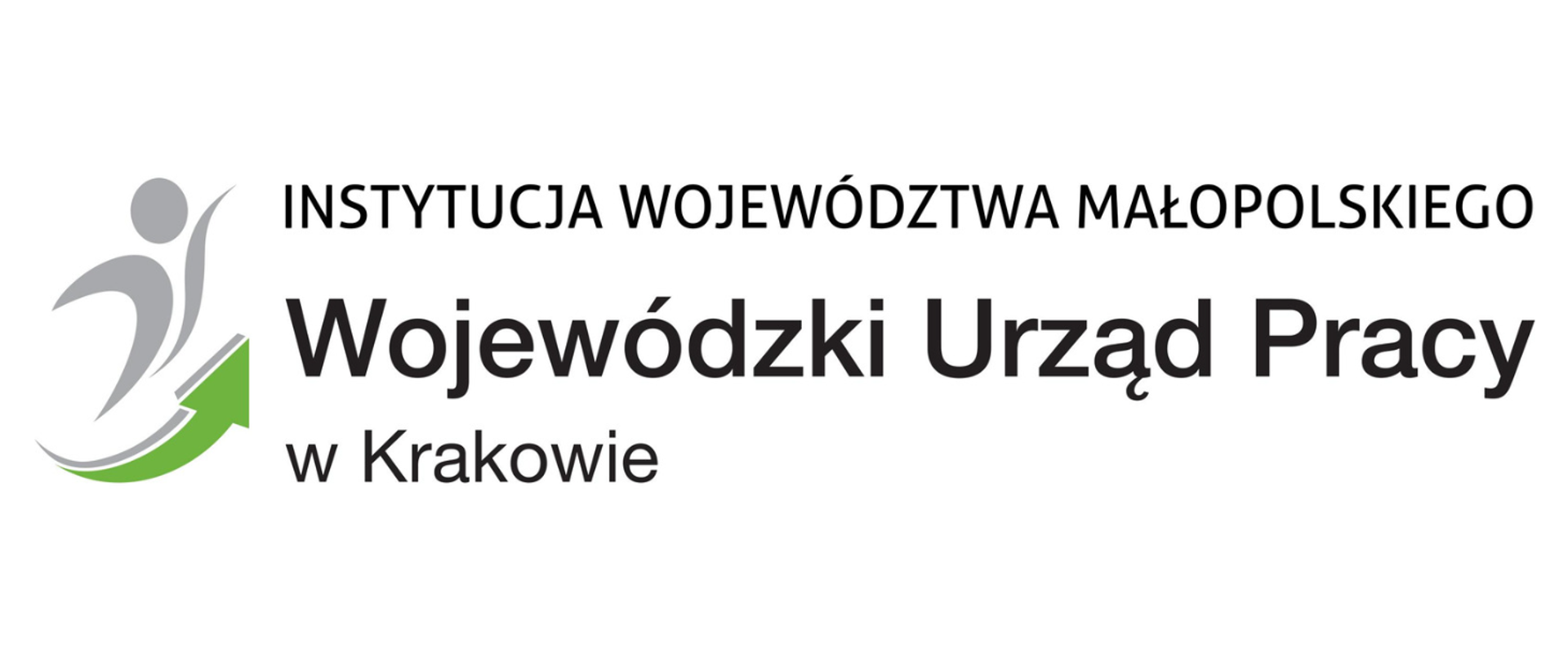 Napis "instytucja województwa małopolskiego" Wojewódzki Urząd Pracy w Krakowie, z lewej rysunek szkicowy człowieka w kolorze szarym oraz zielona strzałka