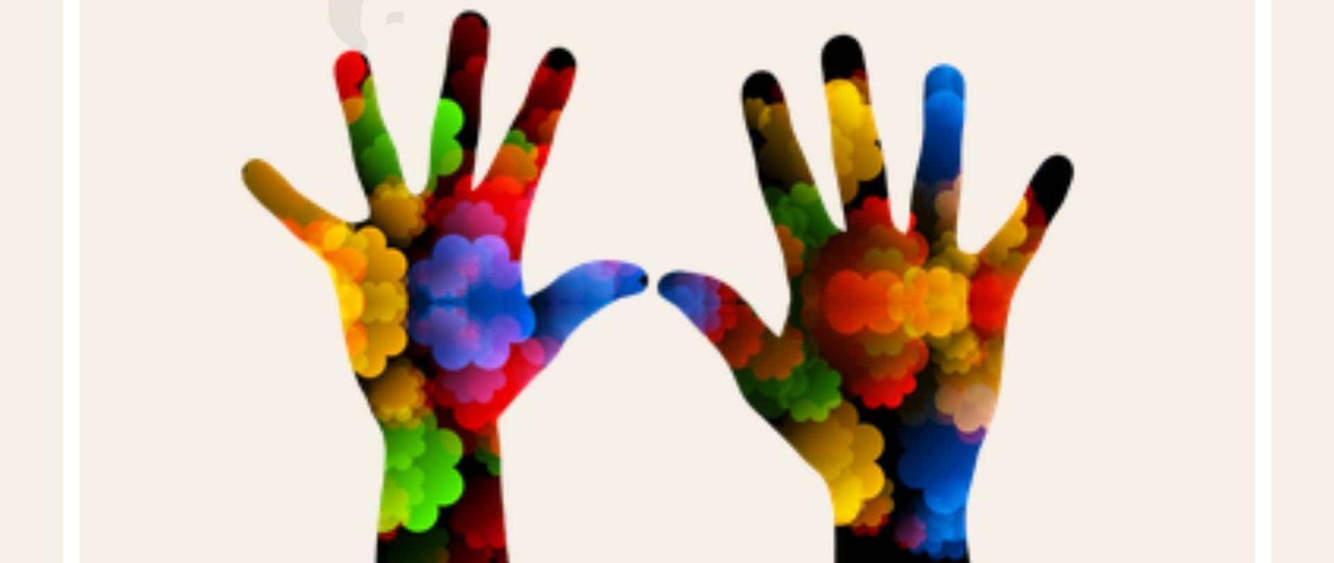Marszałek Województwa Mazowieckiego zaprasza do udziału w konkursie „Mazowieckie Barwy Wolontariatu” . Poniżej dwie rozłożone, kolorowe dłonie. 