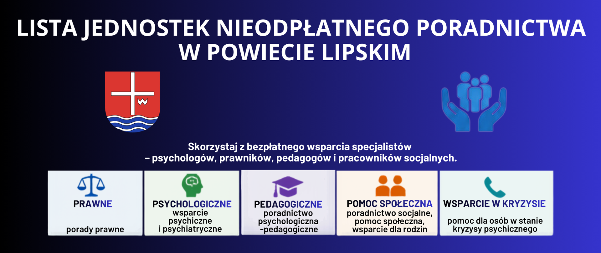 biały napis na granatowo czarnym tle "lista jednostek nieodpłatnego poradnictwa w powiecie lipskim" herb powiatu lipskiego, tekst "Skorzystaj z bezpłatnego wsparcia specjalistów – psychologów, prawników, pedagogów i pracowników socjalnych." na środkowej części baneru, oraz ikonki pomocy prawnej, socjalnej, pedagogicznej wsparcia w kryzysie, pomocy społecznej.