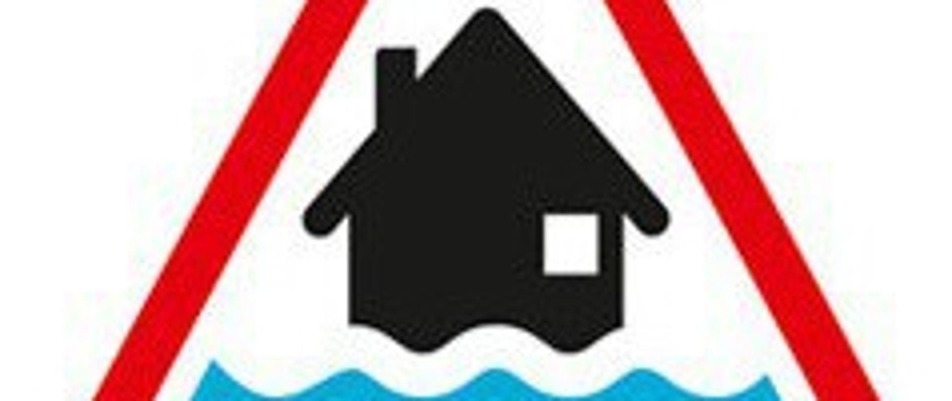 Znak Zagrożenie powodzią, czarny dom i niebieskie fale wody