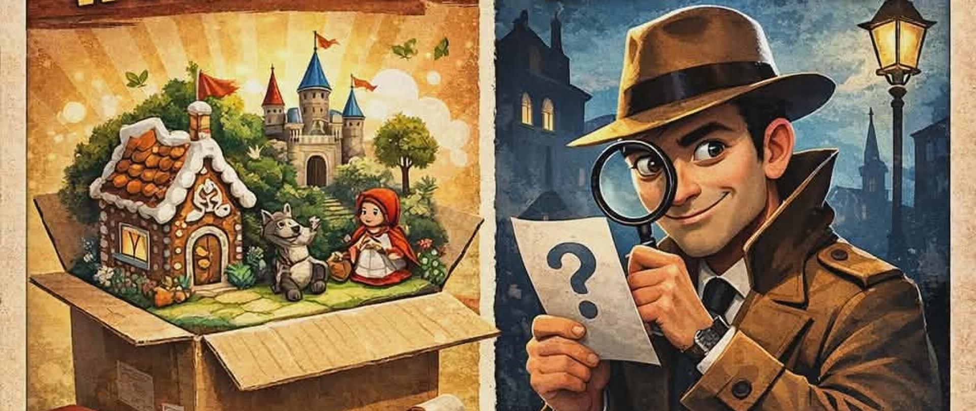 Gminne Centrum Kultury i Czytelnictwa w Zabrodziu. Akcja startuje od 21.04! Szczegóły w regulaminie. Książka w pudełku. Obrazek domku, wilka, czerwonego kapturka i zamku wystających z kartonowego pudełka. Literacki detektyw Obrazek osoby w płaszczu, kapeluszu trzymającego lupę i kartkę ze znakiem zapytania. Stwórz książkę, scenę z bajki zamkniętą w pudełku. Rozwiąż zagadki inspirowane postaciami z bajki