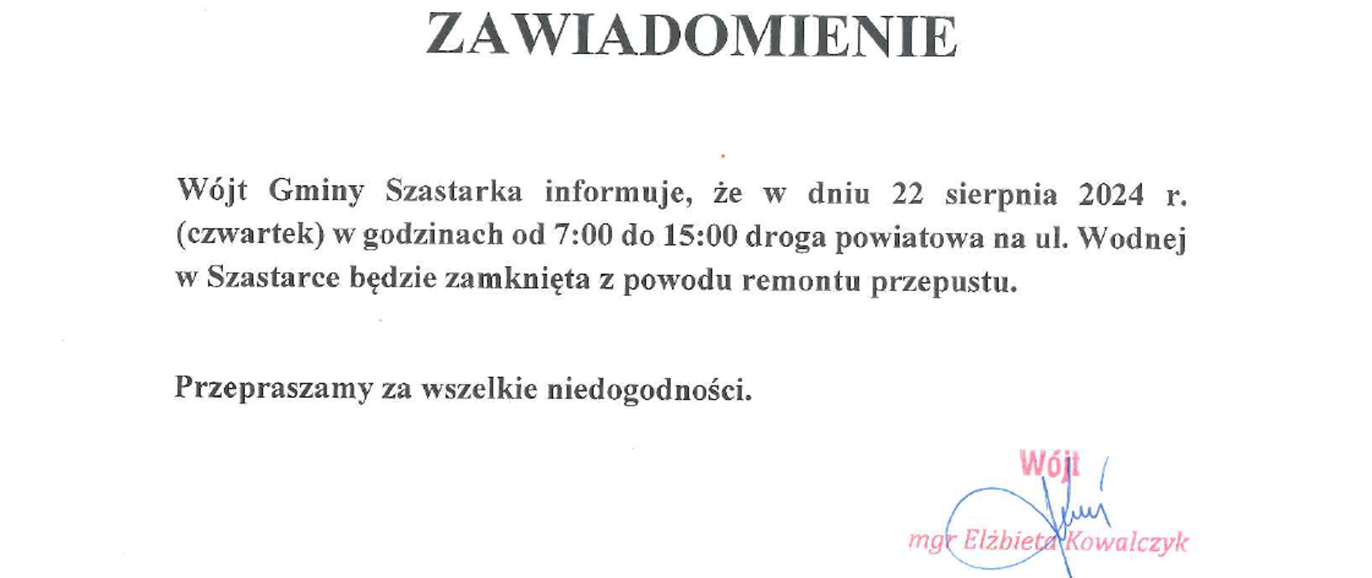 🚧 Zamknięcie drogi powiatowej na ul. Wodnej w Szastarce – ważna informacja 🚧