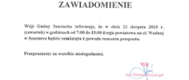 🚧 Zamknięcie drogi powiatowej na ul. Wodnej w Szastarce – ważna informacja 🚧