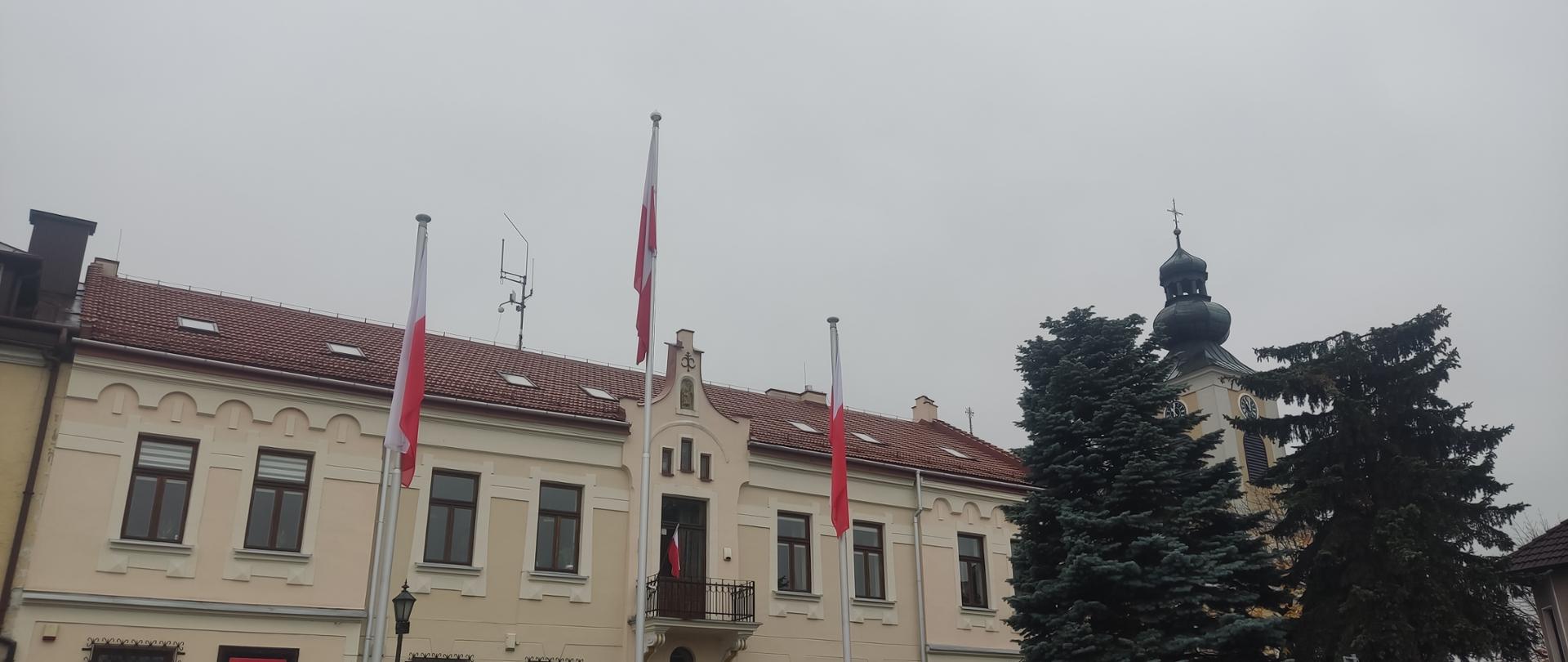 Widok na budynek urzędu z flagami narodowymi