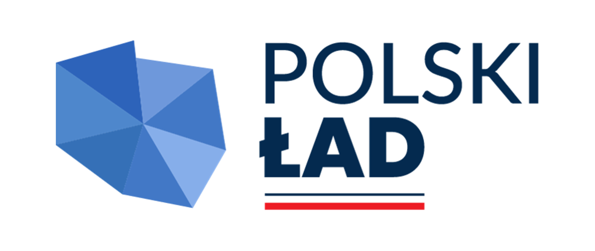 Logo Polskiego Ładu - po lewej zbudowany z trójkątów wielobok przypominający kształt Polski, po prawej napis Polski Ład, poniżej biało-czerwona linia