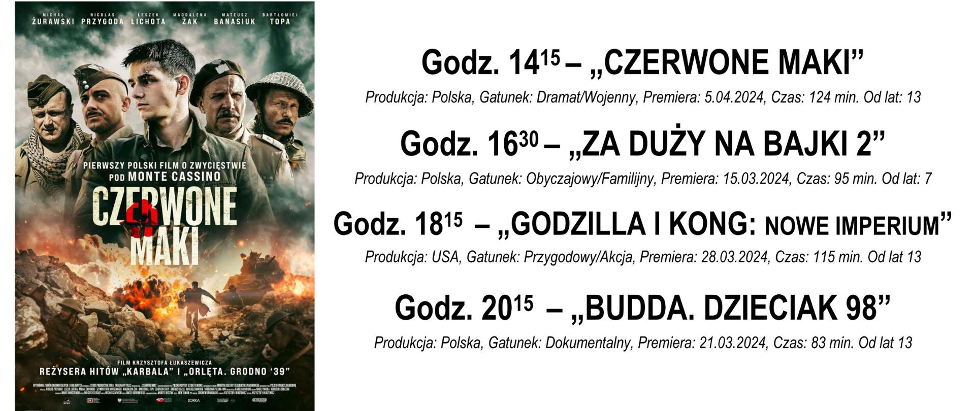 Na białym tle informacje o seansach (zawarte w artykule), obok plakat filmu "Czerwone maki"
