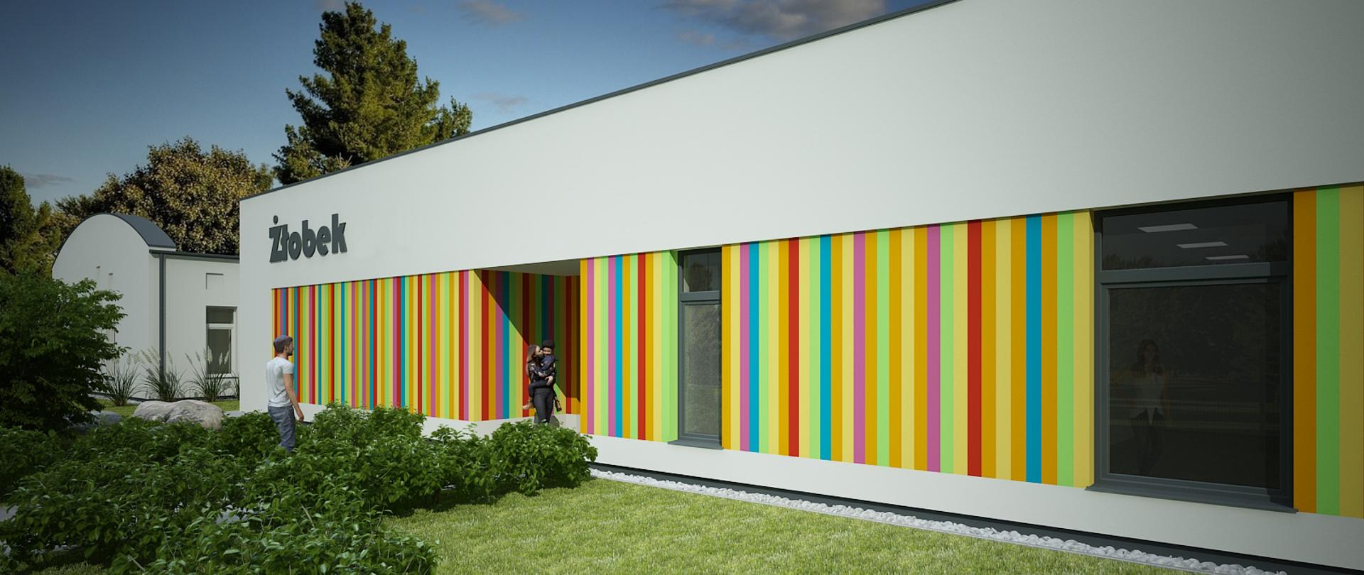 Wizualizacja nowego budynku żłobka, parterowy budynek w pionowe kolorowe pasy, na pierwszym planie trawnik z krzewami