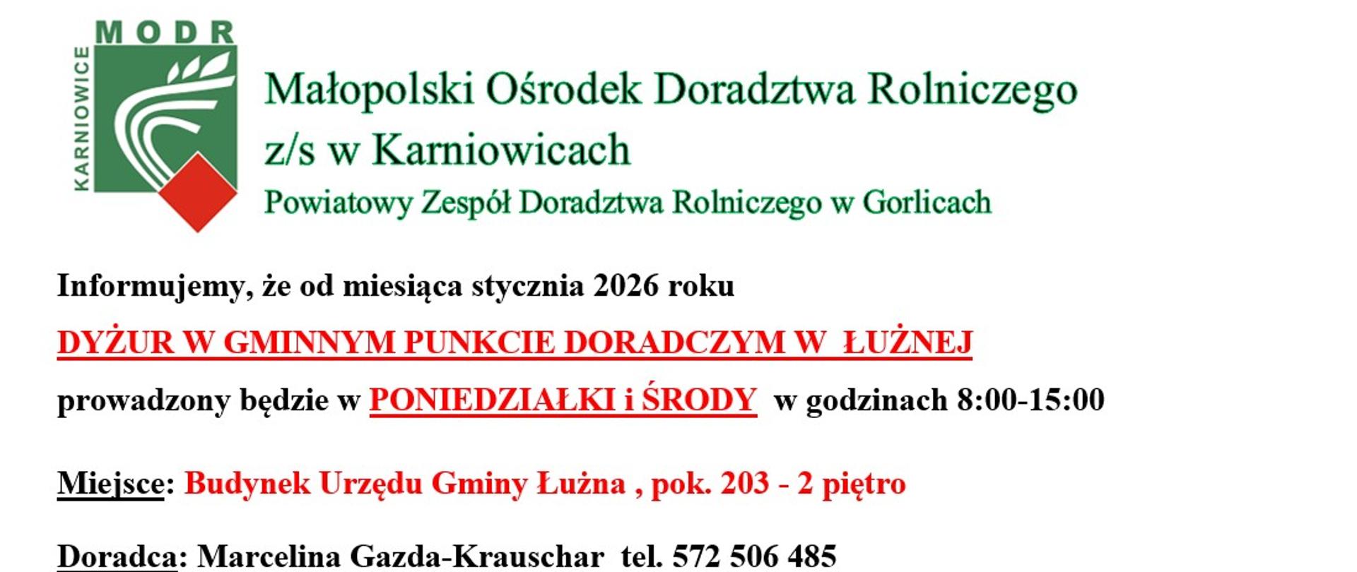 Aktualizacja dyżuru Doradcy Powiatowego Zespołu Doradztwa Rolniczego w Gorlicach
