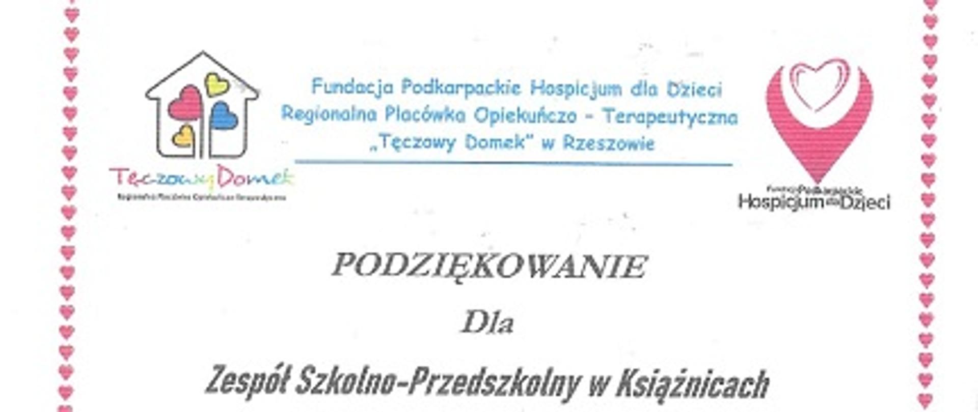 Dyplom - podziękowanie za przeprowadzoną akcję na rzecz hospicjum.