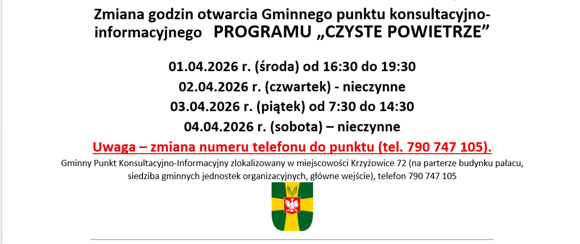Informacja o zmiana godzin otwarcia punktu konsultacyjno-informacyjnego programu Czyste powietrze w Gminie Olszanka