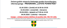 Informacja o zmiana godzin otwarcia punktu konsultacyjno-informacyjnego programu Czyste powietrze w Gminie Olszanka