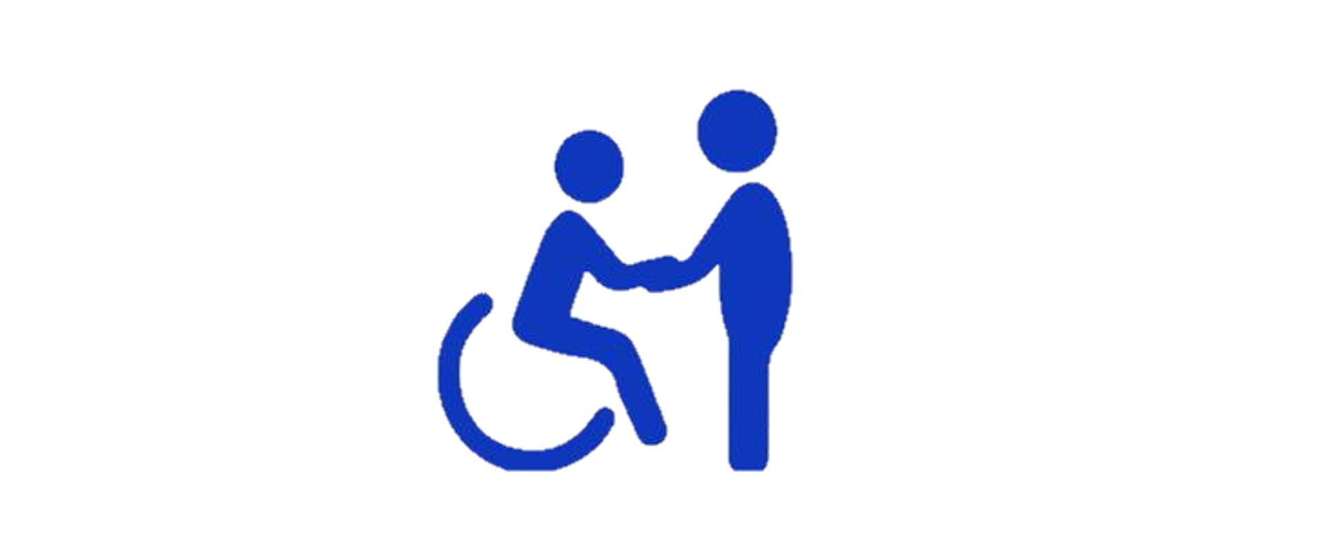 Piktogram osoby na wózku inwalidzkim trzymaną za rękę przez osobę stojącą. 