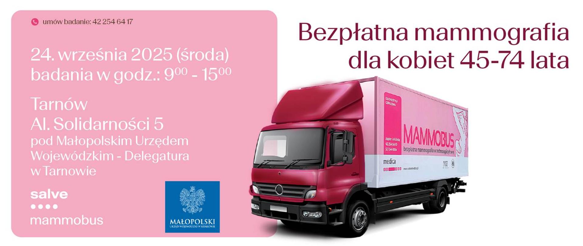 Grafika informacyjna o bezpłatnej mammografii dla kobiet w wieku 45–74 lat. Po lewej stronie, na różowym tle, podany jest termin i miejsce badań: 24 września 2025 r. (środa), w godzinach 9:00–15:00, Tarnów, al. Solidarności 5, pod Małopolskim Urzędem Wojewódzkim – Delegatura w Tarnowie. W prawym dolnym rogu widać różowo-biały samochód ciężarowy typu „mammobus”, który służy jako mobilna pracownia mammograficzna. Na górze widnieje napis: „Bezpłatna mammografia dla kobiet 45–74 lata”.