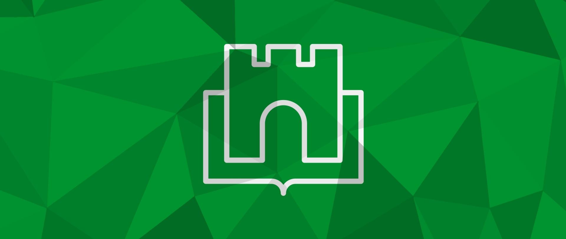 Grafika przedstawia białą ikonę wieży z bramą stojącej na otwartej księdze na tle złożonym z trójkątów w odcieniach koloru zielonego.