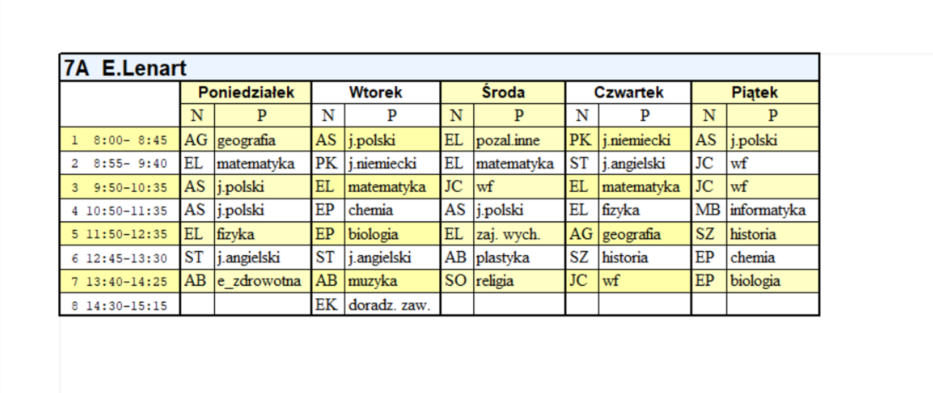 Plan zajęć kl. 7