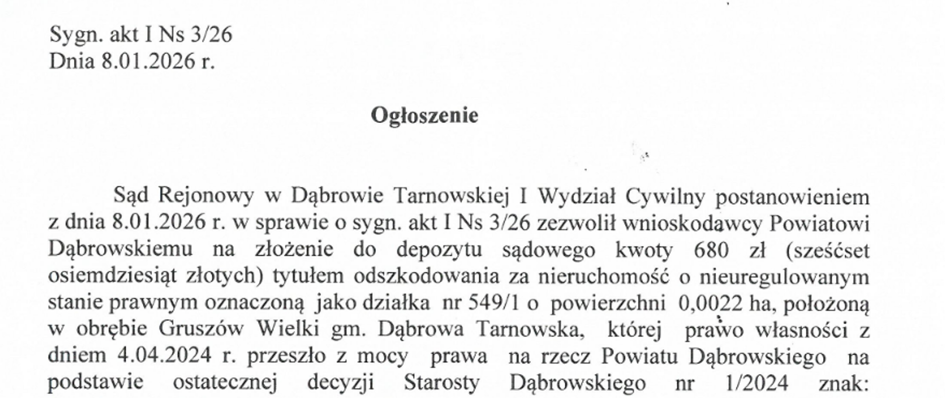 Ogłoszenie Sądu Rejonowego w Dąbrowie Tarnowskiej