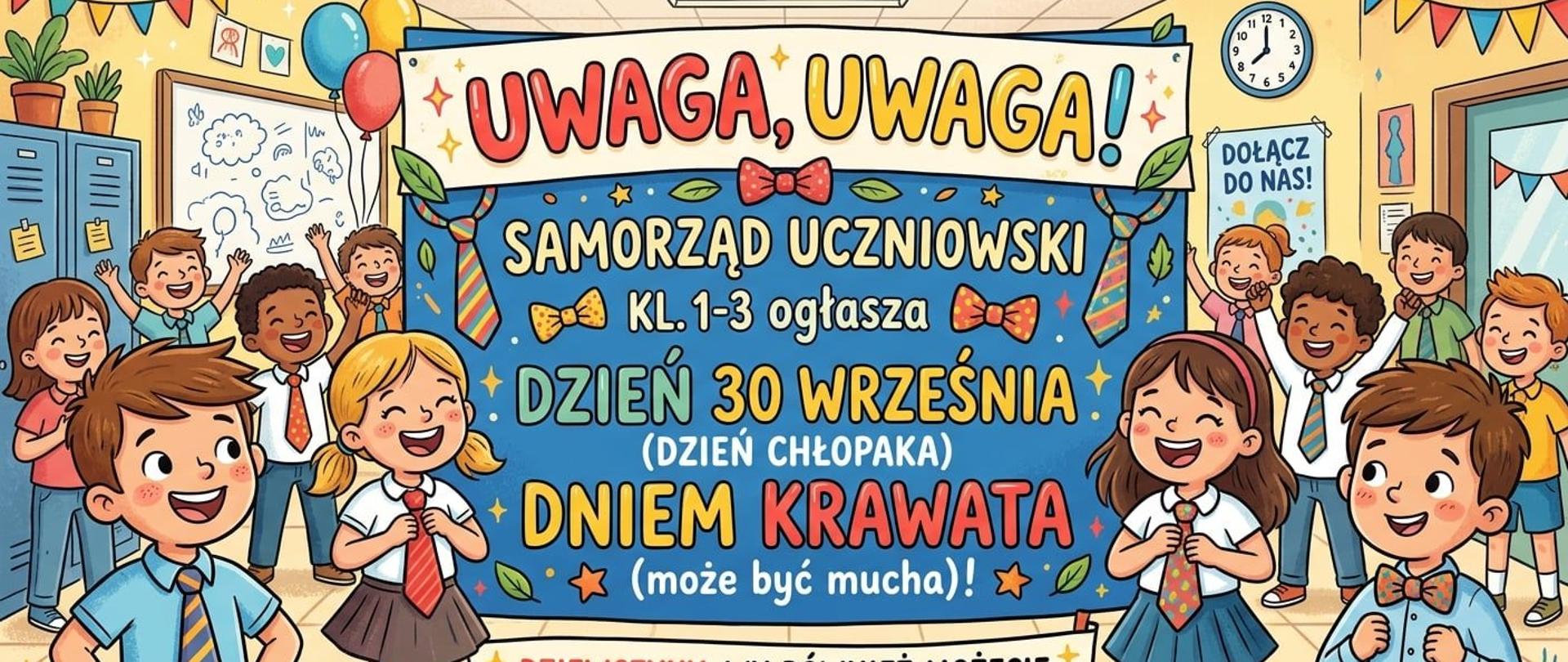 Na górze zdjęcia w prawym i górnym rogu kolorowe girlandy na żółtym tle. Pośrodku zdjęcia duży kwadrat z napisami na niebieskim tle. Z prawej i lewej strony wylwetki dzieci w różnokolorowych strojach. Z lewej strony niebieska szafka, na której stoją dwie doniczki. z prawej strony zegar na ścianie na żółtym tle.