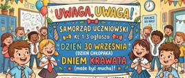 Na górze zdjęcia w prawym i górnym rogu kolorowe girlandy na żółtym tle. Pośrodku zdjęcia duży kwadrat z napisami na niebieskim tle. Z prawej i lewej strony wylwetki dzieci w różnokolorowych strojach. Z lewej strony niebieska szafka, na której stoją dwie doniczki. z prawej strony zegar na ścianie na żółtym tle.