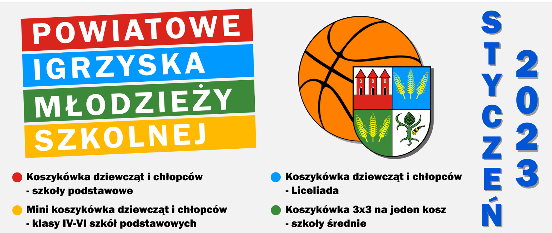 Grafika informuje o rozgrywkach Powiatowych Igrzysk Młodzieży Szkolnej. Treść w artykule.